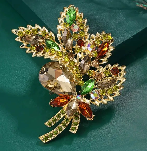 Vintage Brown Rhinestone Crystal Flower Leaf Brooch Pin Elegant Jewelry