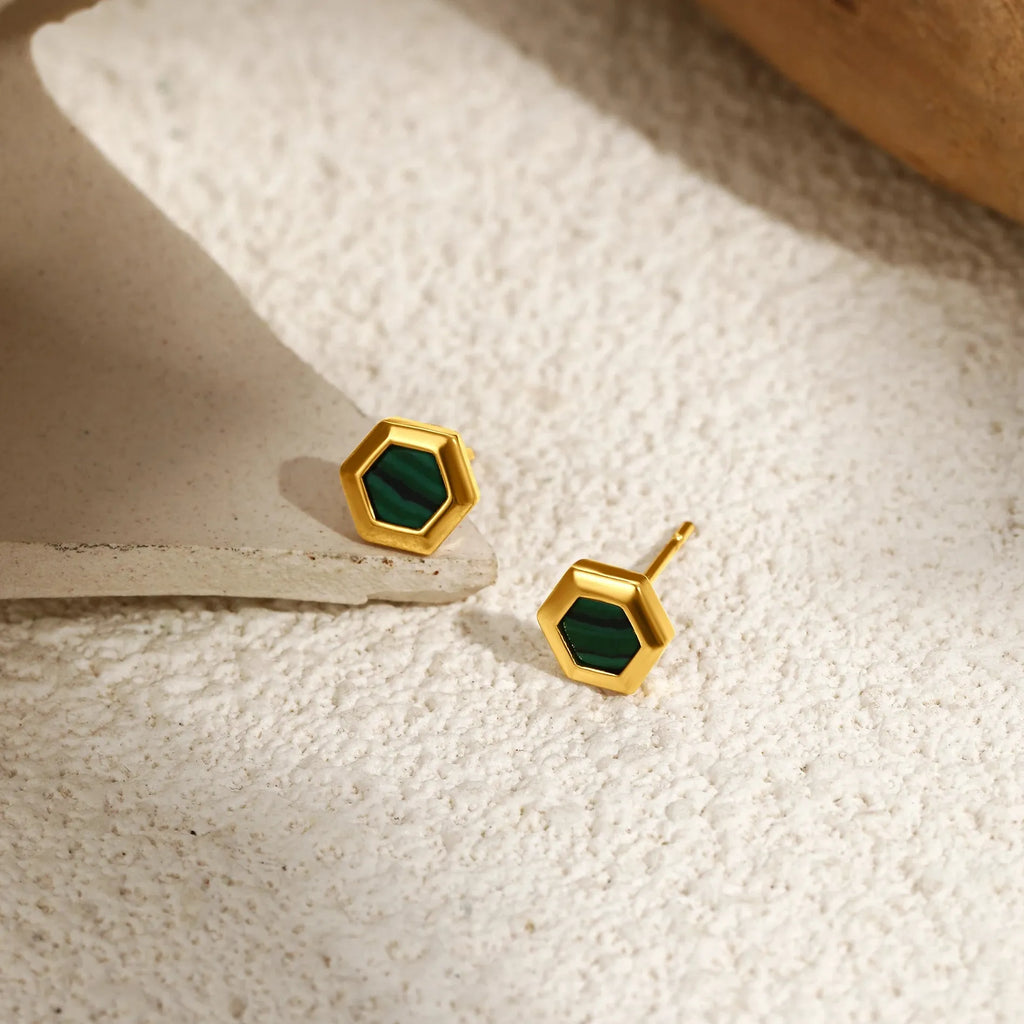 2026 Natural Stone Turquoise Geometric Stud Earrings 18K Gold Plated Waterproof Jewelry