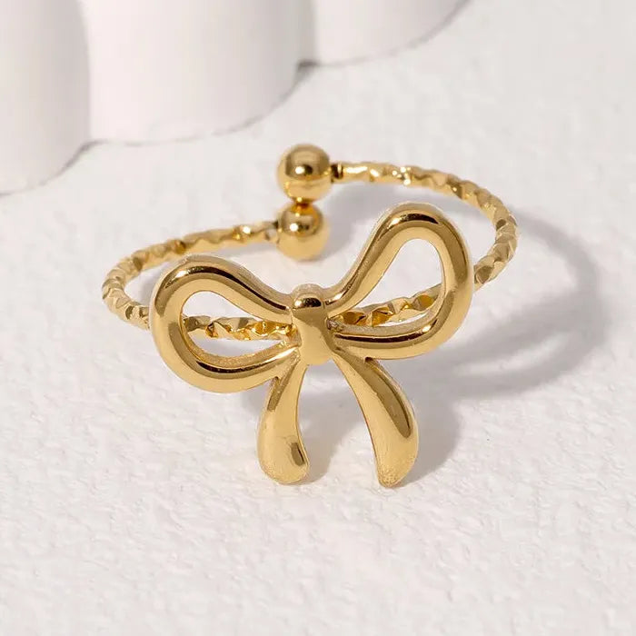 Adjustable Gold Color Stainless Steel Bowknot Ribbon Ring for Women Jewelry Gift