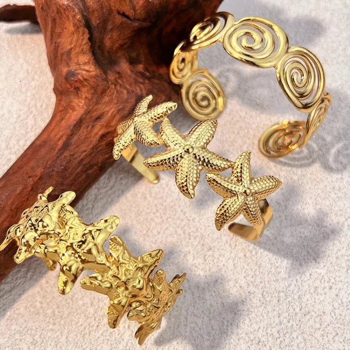 Vintage Ocean Lava Textured Starfish Coral Gold Plated Stainless Steel Cuff Bracelet