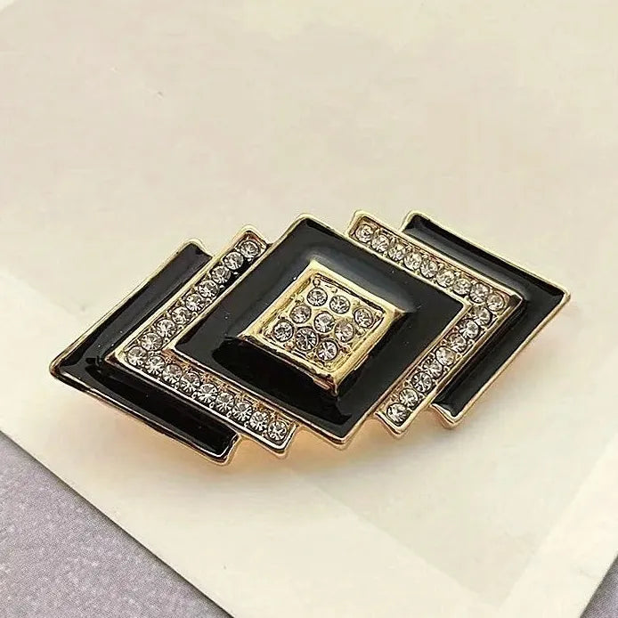 Vintage Women's Geometric Rhombus Rhinestone Brooch Pin Black White