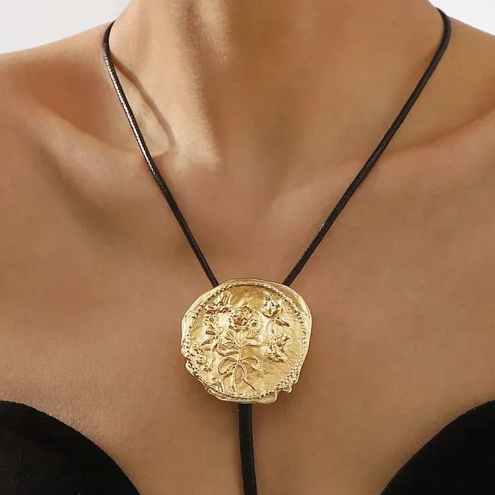 Vintage Geometric Round Pendant Necklace for Women Adjustable Black Leather Cord