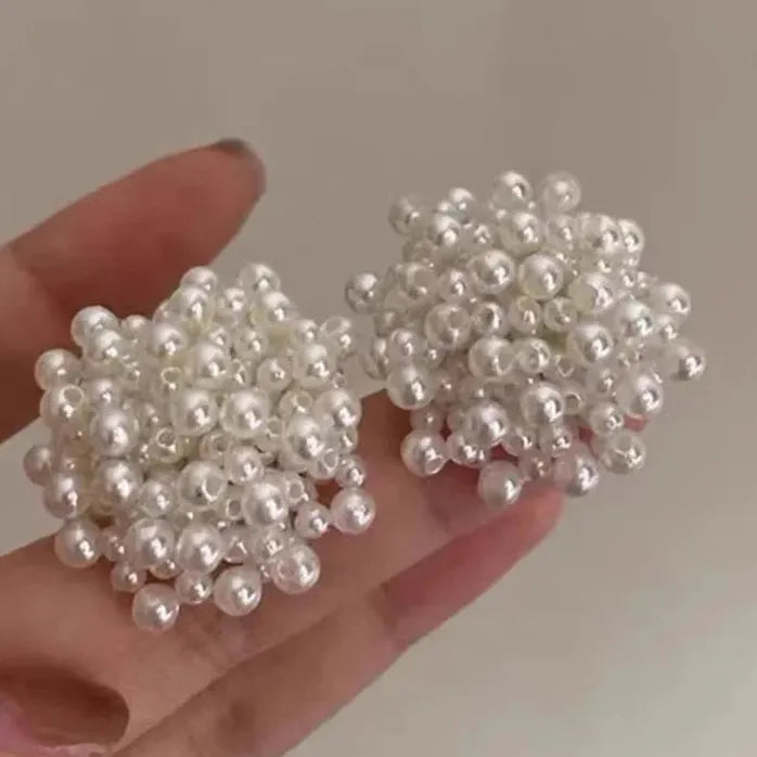 Vintage Imitation Pearl Flower Earrings for Women Handmade Beaded Tassel Jewelry