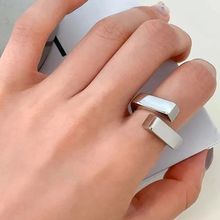 Korean Silver Geometric Rectangle Cross Adjustable Ring for Women Jewelry Gift