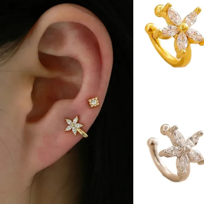 Sparkling Zircon Flower Clip Earrings Women Geometric C-Shaped No Piercing Jewelry