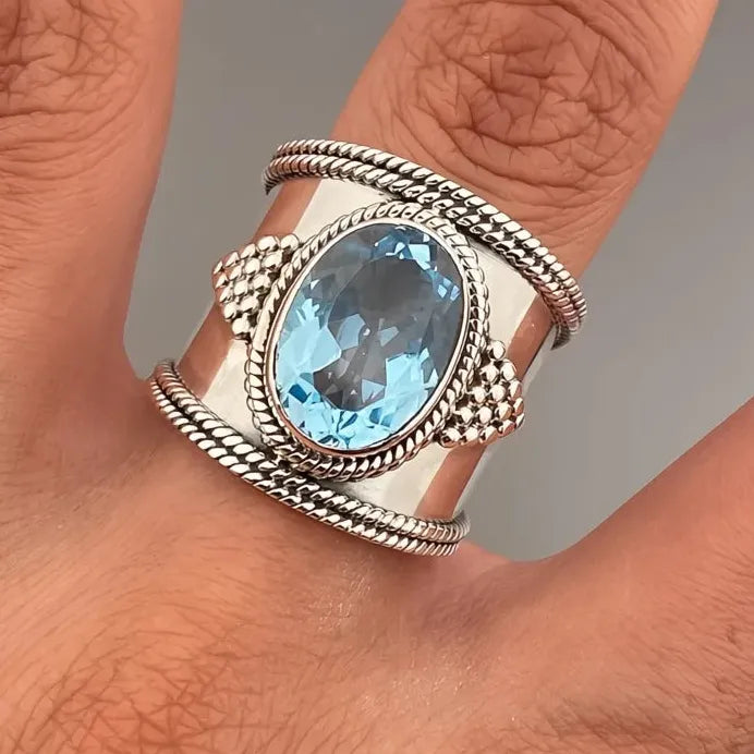 Silver Wide Blue Cubic Zirconia Cocktail Ring for Women Anniversary Party
