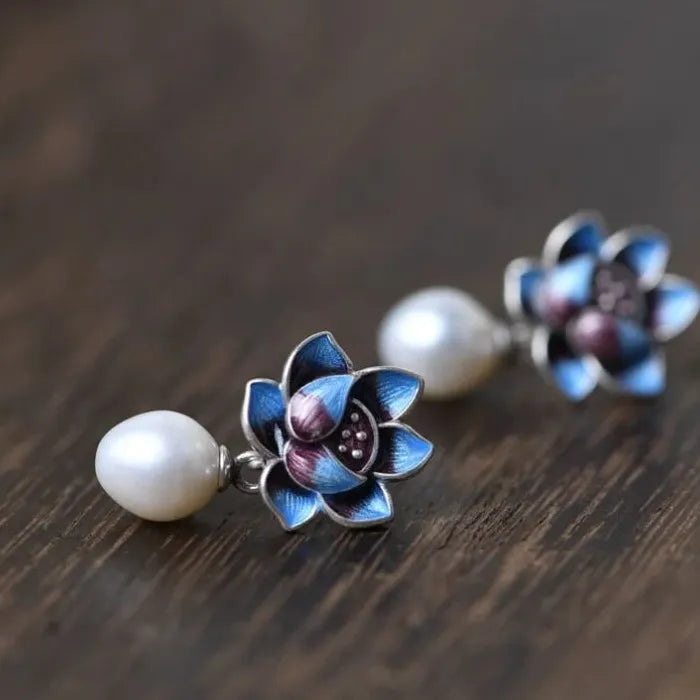 Blue Flower Pearl Stud Earrings for Women 2024 Vintage Zinc Alloy Jewelry