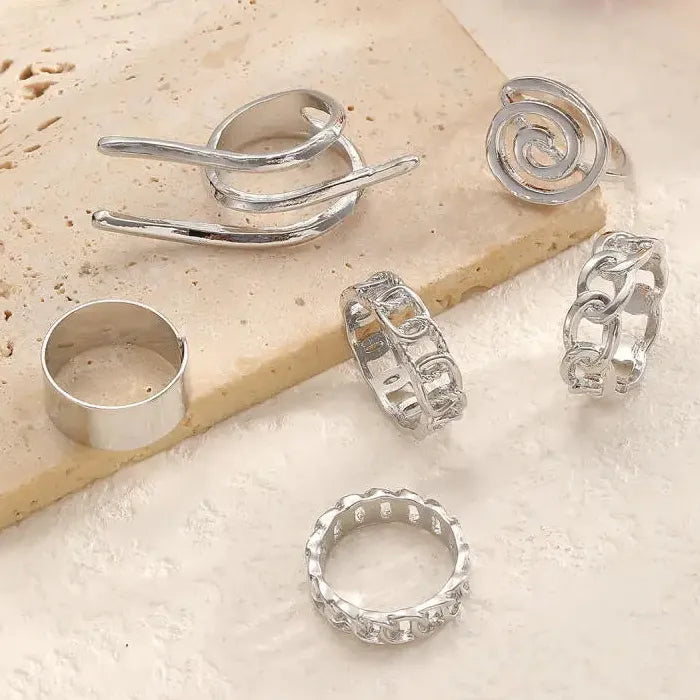 6Pcs Boho Irregular Open Metal Rings Unisex Jewelry Set Fashion Accessory