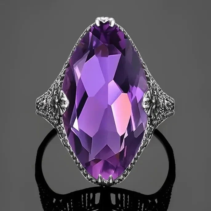 Big Marquise Purple Cubic Zirconia Brass Hollow Flower Ring for Women Wedding