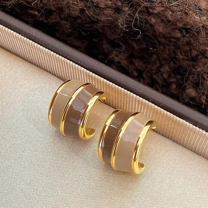 Vintage Brown Resin C-Shape Enamel Stud Earrings for Women Metal Jewelry