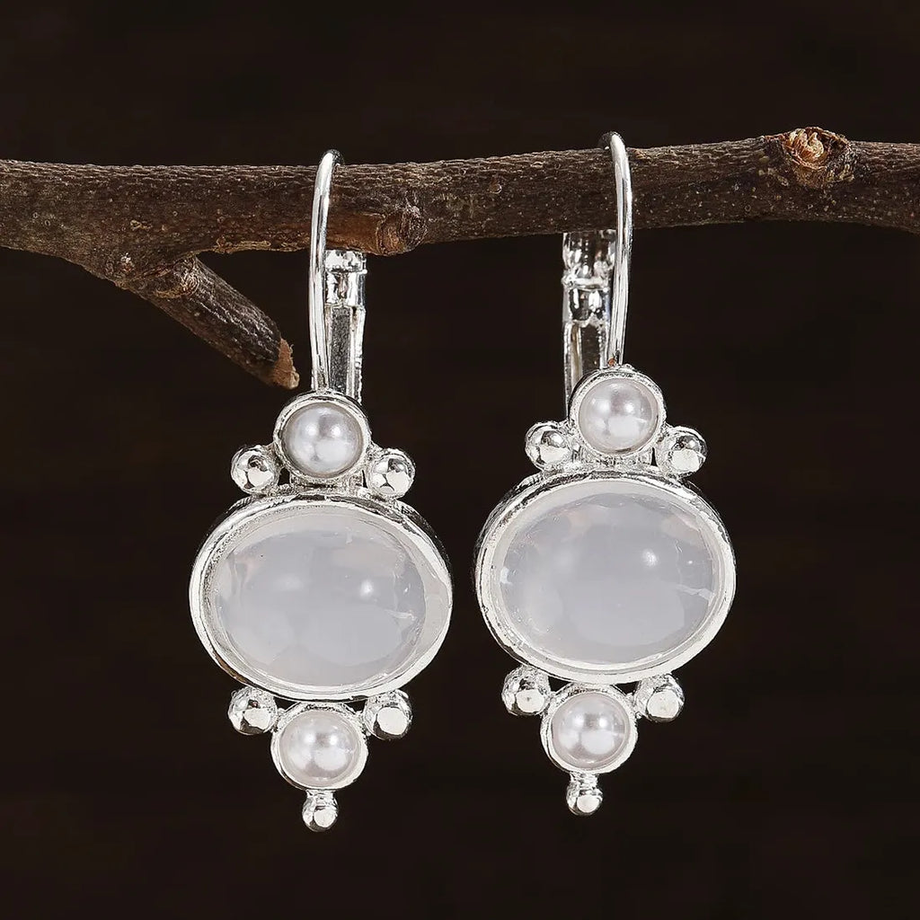 Silver Water Drop Dangle Earrings with Natural Stone for Women Bridal Wedding Gift