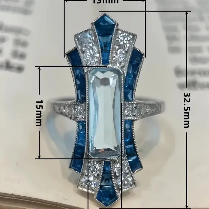 Luxury Blue Cubic Zirconia Cocktail Ring Brass Anniversary Gift for Women