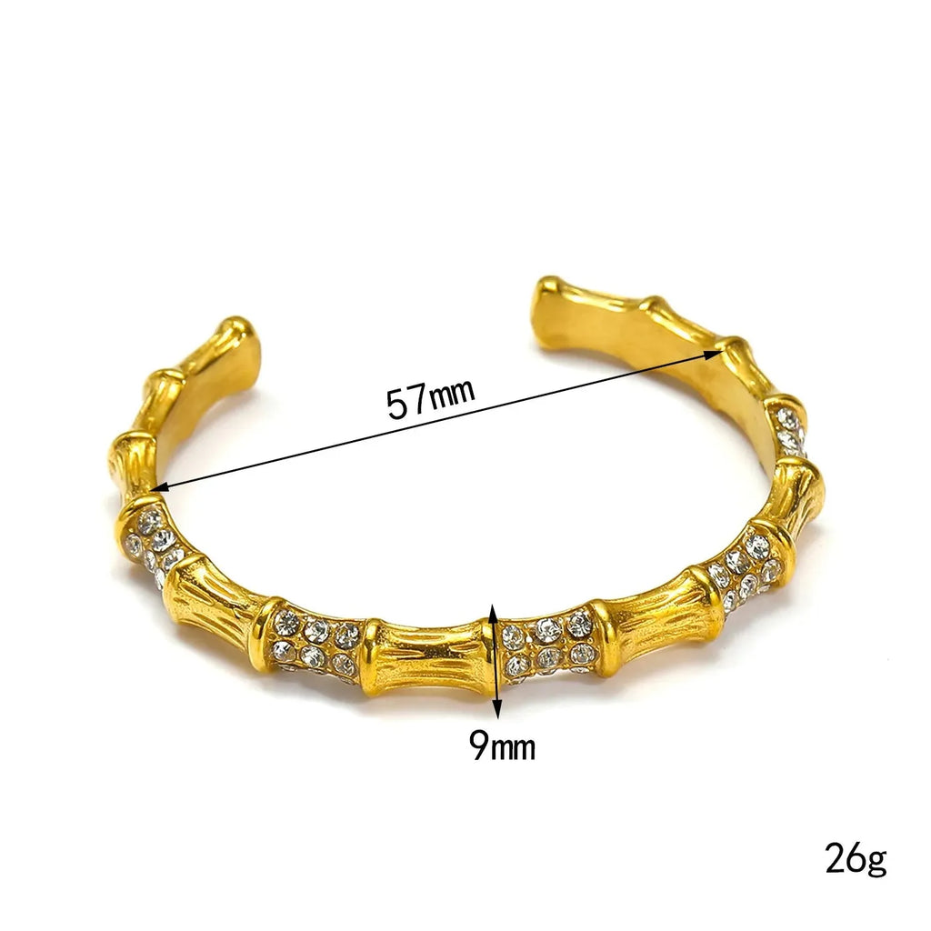 18K Gold Open Bamboo Pearl Bangle CZ Zircon Waterproof Bracelet for Women