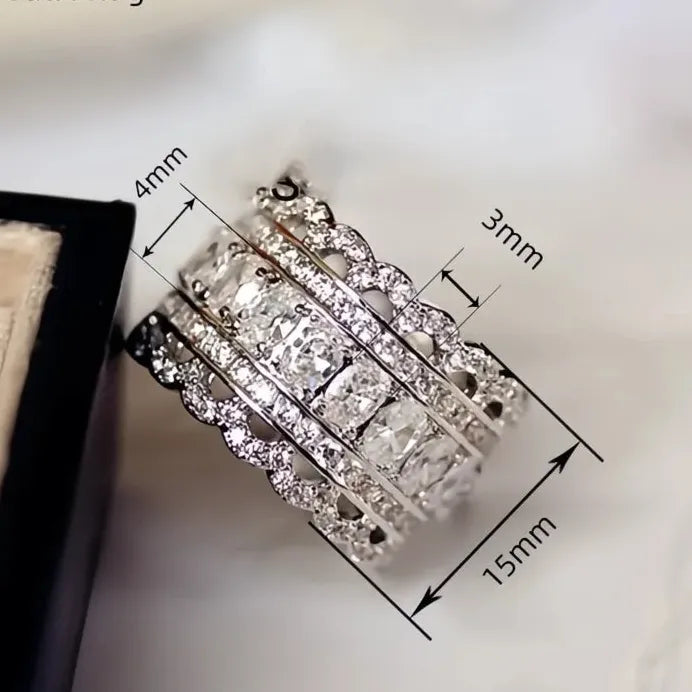 Women’s Geometric Silver Wedding Eternity Ring with Pave CZ Crystals