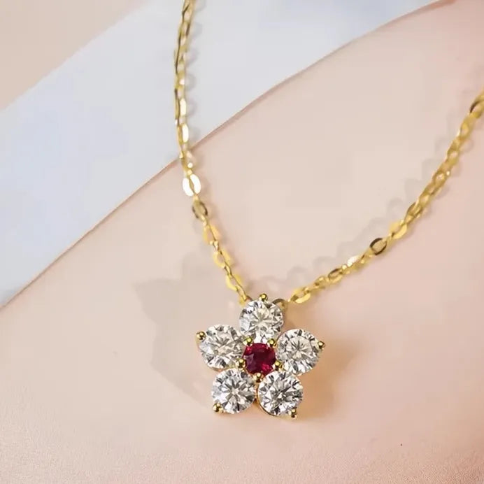 Geometric Flower Pendant Necklace with Red Cubic Zirconia for Women Party
