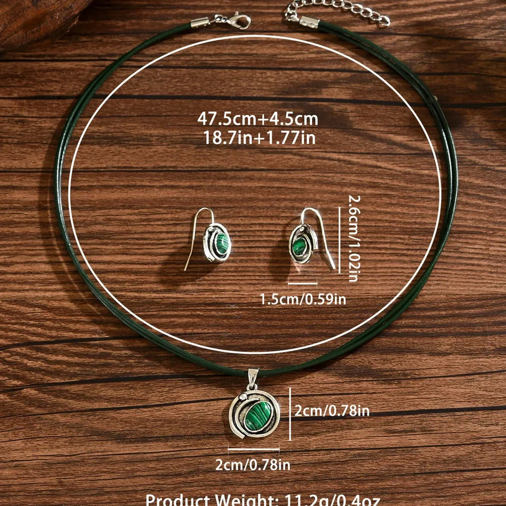 Vintage Bohemian Green Resin Oval Jewelry Set Zinc Alloy Necklace Earrings Gift