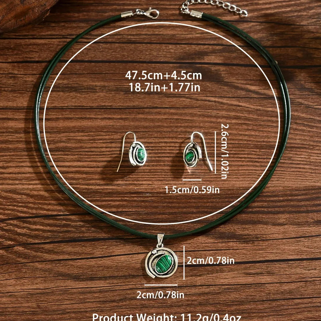 Vintage Bohemian Green Resin Oval Jewelry Set Zinc Alloy Necklace Earrings Gift