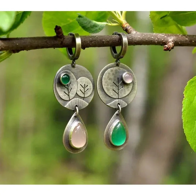 Retro Waterdrop Flower Leaf Geometric Pink Green Gemstone Silver Earrings Women