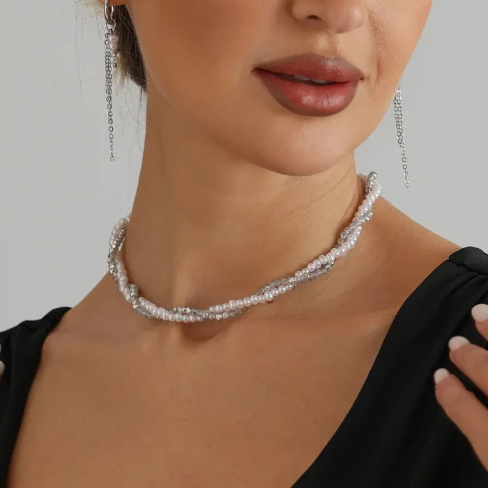 Vintage Pearl Crystal Drop Earrings and Necklace Set for Women Zinc Alloy