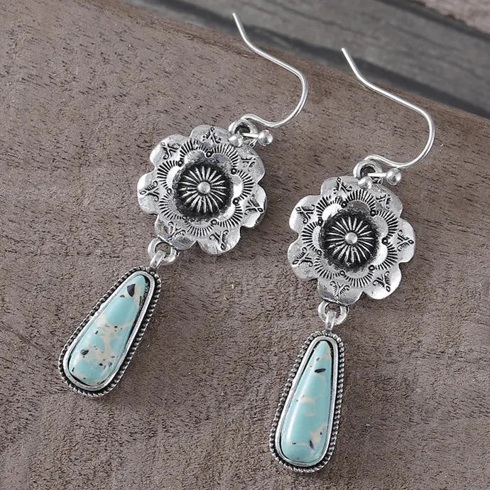 Vintage Indian Tribe Green Resin Drop Earrings Bohemian Natural Stone Jewelry