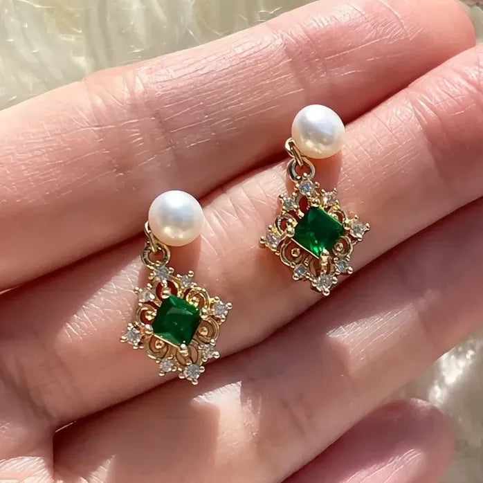 Copper Alloy Green Cubic Zirconia Drop Earrings with Removable Pearl for Women