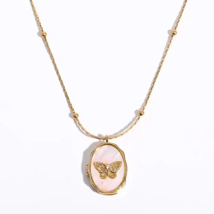 Stainless Steel Openable Photo Frame Pendant Necklace White Shell Butterfly Angel Choker Gift