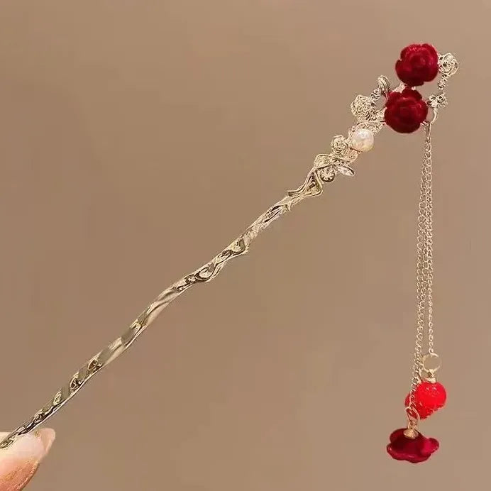 Vintage Chinese Red Rose Alloy Tassel Hair Stick for Women Hairpin