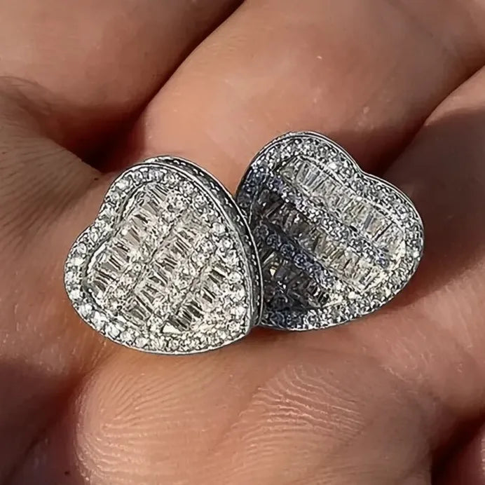Heart Shaped Women Stud Earrings Silver Tone Cubic Zirconia Gift