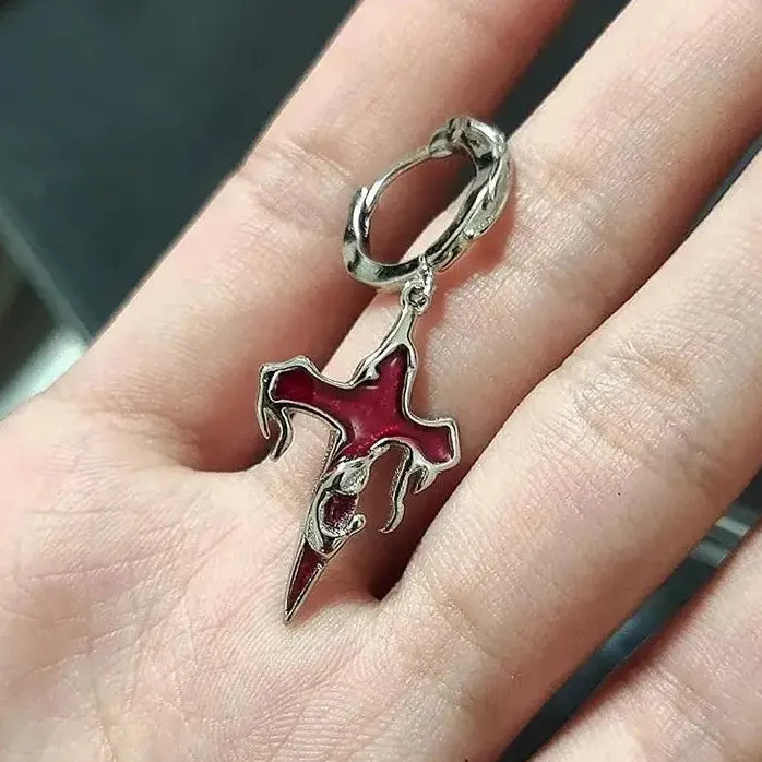 Neo-Gothic Red Flame Cross Earrings Women Hip Hop Y2K Statement Jewelry