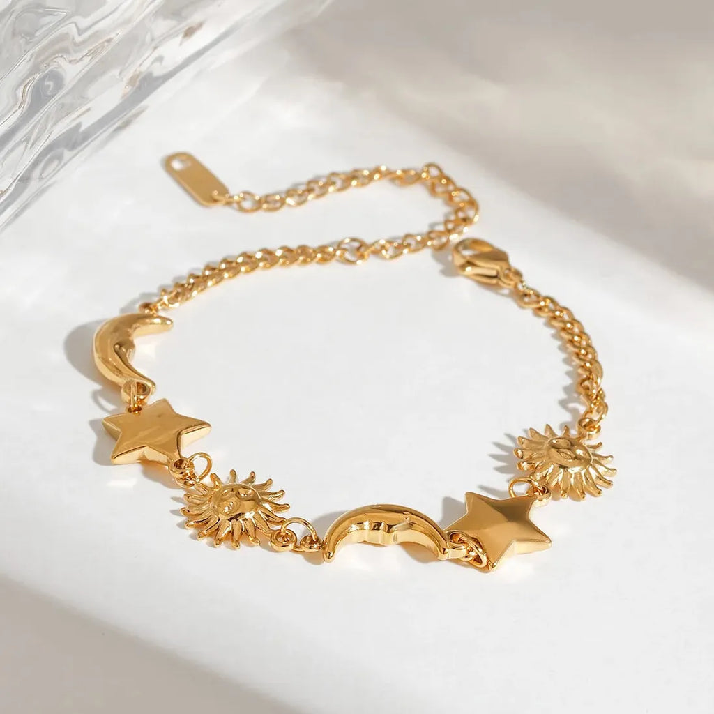 Stainless Steel Star Moon Sun Bracelet for Women Girls Gold Adjustable Chain Bangle Jewelry
