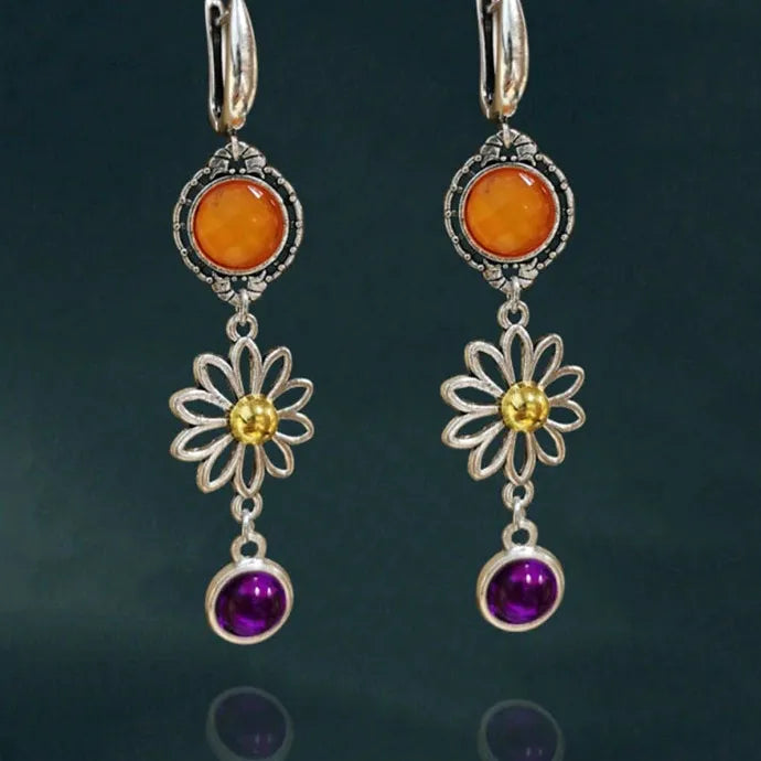 Ethnic Red Stone Curiosity Hoop Earrings Vintage Carved Pattern Jewelry for Women