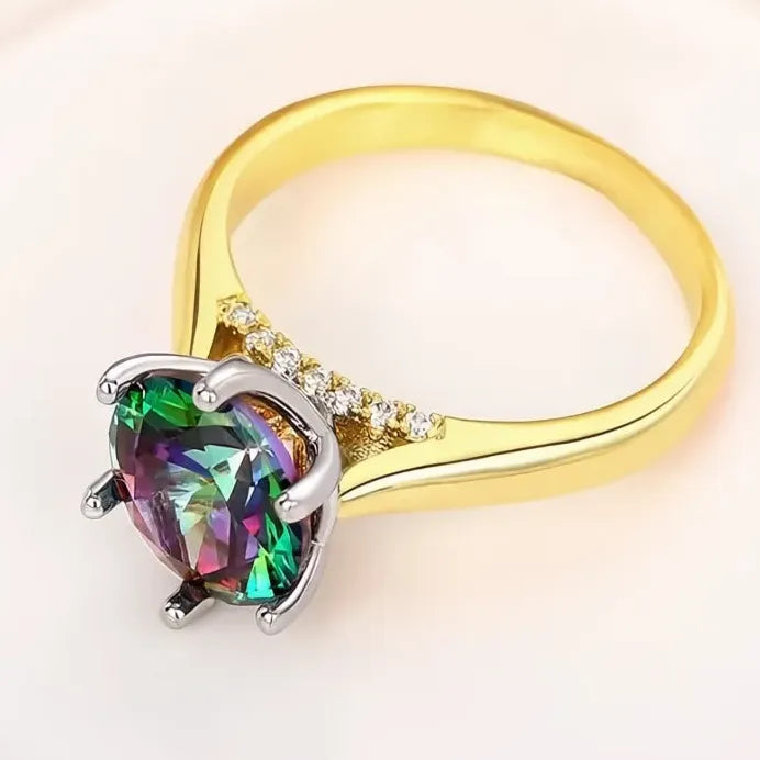 Two Tone Brass Women’s Ring with Multicolor CZ Inlay for Special Occasion