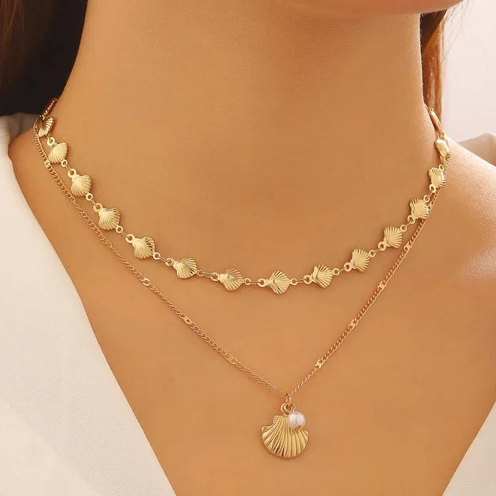 Starfish Shell Pearl Double-Layer Pendant Necklace for Women Zinc Alloy Gift