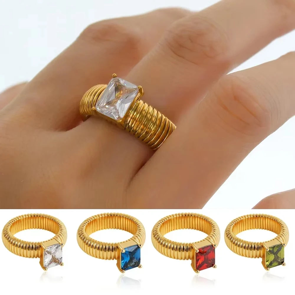 Stainless Steel Chunky Square Crystal Zircon Multicolor Wedding Ring Female Retro
