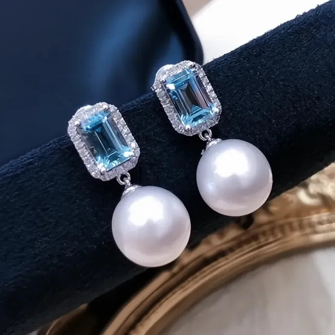 Simulated Pearl Drop Earrings with Blue Cubic Zirconia Square Brass Jewelry