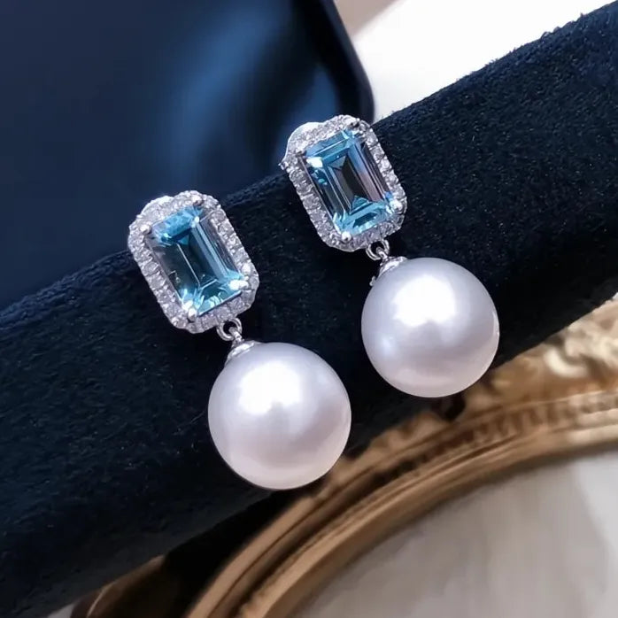 Brass Alloy Drop Earrings with Simulated Pearls and Blue Cubic Zirconia