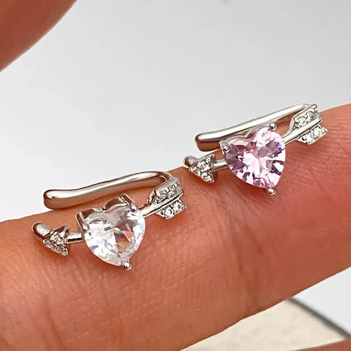 Adjustable Arrow-Through-Heart Zircon Clip Earrings for Women Zinc Alloy Jewelry