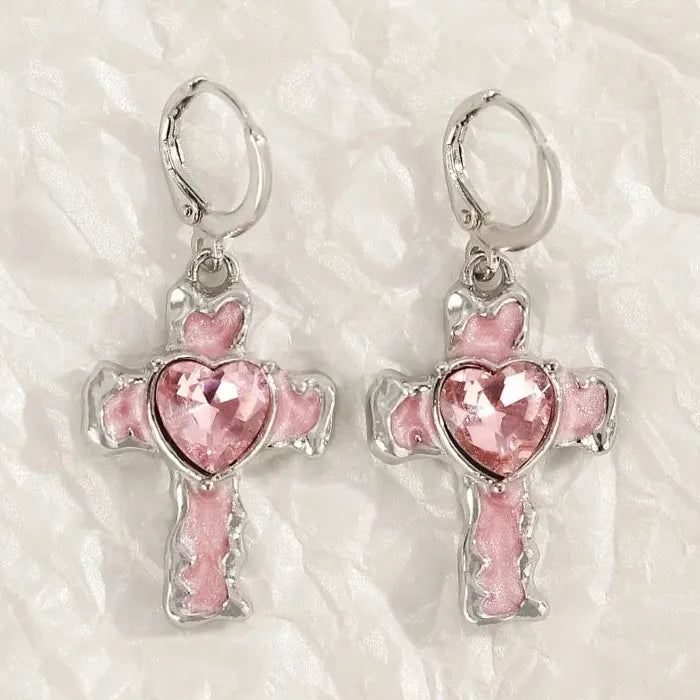 Vintage Punk Zinc Alloy Pink Crystal Cross Hoop Earrings Y2K Party