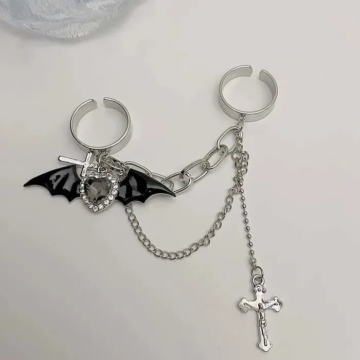 Gothic Black Bat Wing Cross Crystal Double Finger Ring for Men Women Jewelry