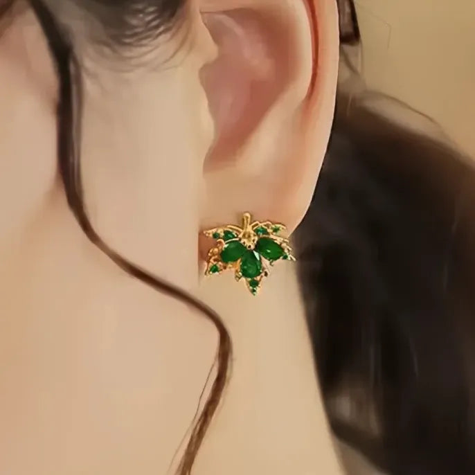 Gold Maple Leaf Stud Earrings with Cubic Zirconia Copper Alloy Jewelry for Women
