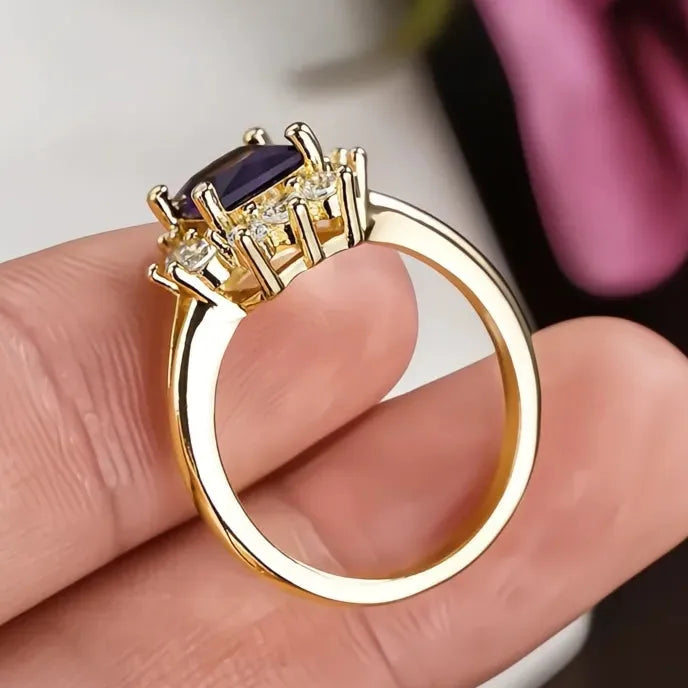 Elegant Gold Color Women’s Ring with Purple Cubic Zirconia Inlay, Trendy Party Wedding Jewelry Gift