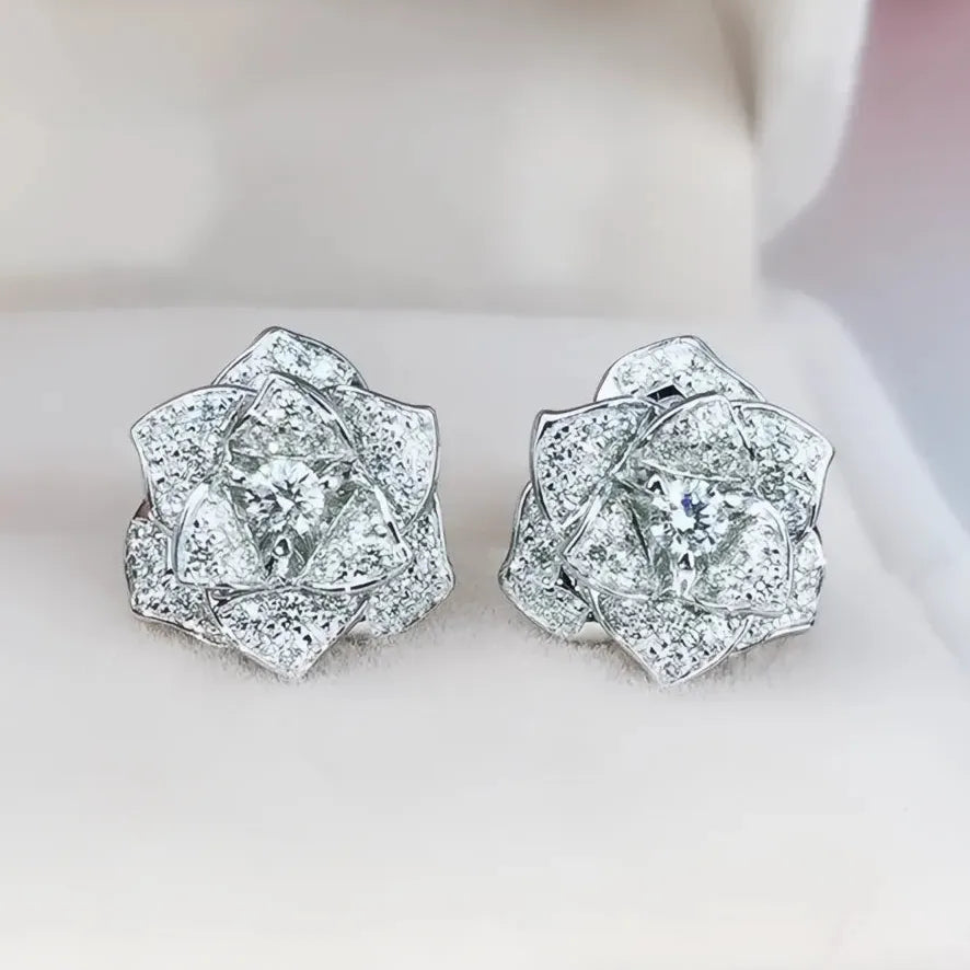 Geometric Flower Cubic Zirconia Stud Earrings Silver Gold Bridal Jewelry