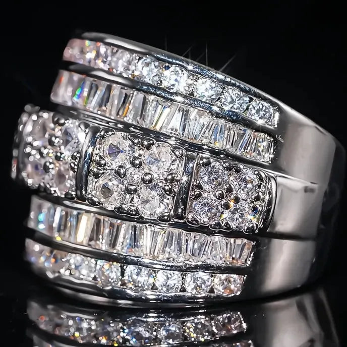 Silver Wide Cocktail Ring for Women with Bright Cubic Zirconia Inlay, Trendy Brass Party Jewelry