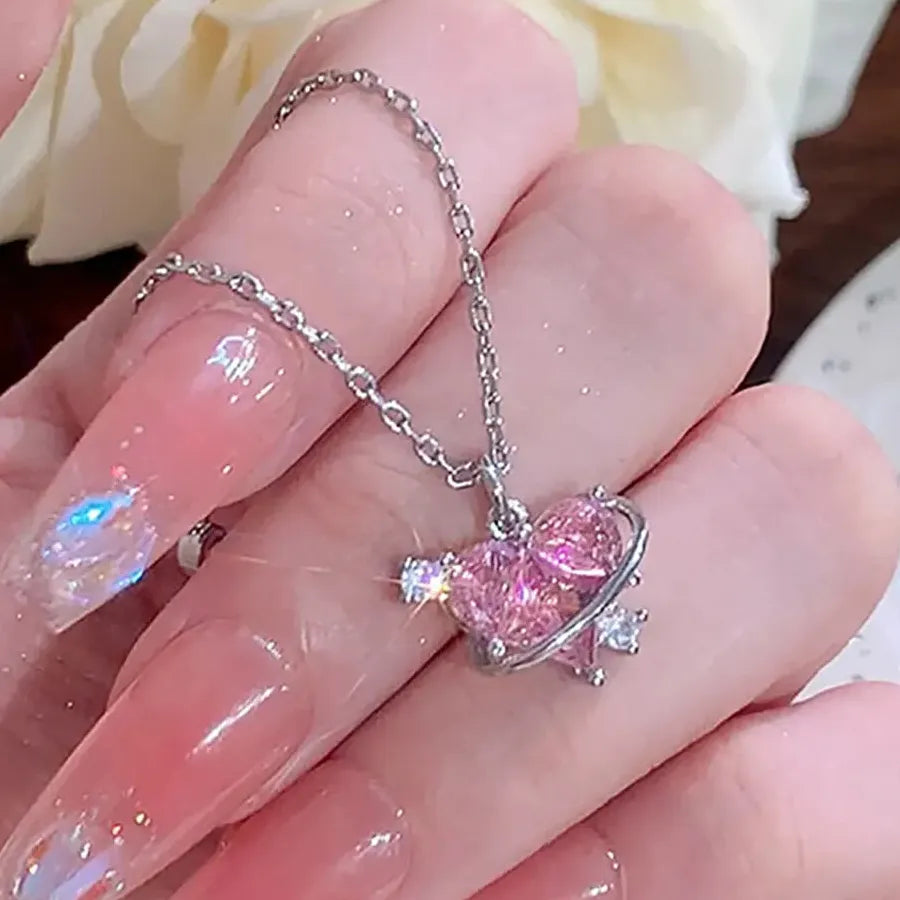 Pink Heart Crystal Necklace & Earrings Set Zinc Alloy Kpop Jewelry Gift