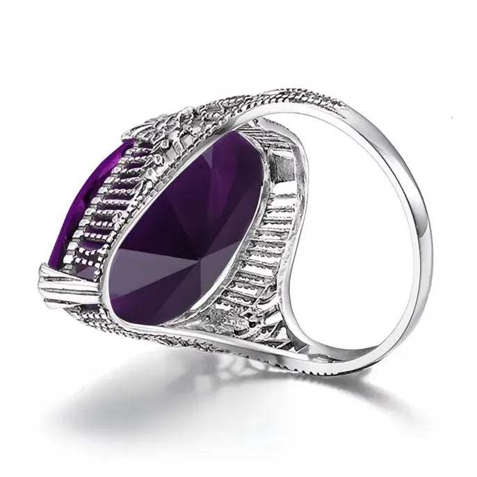 Big Marquise Purple Cubic Zirconia Brass Hollow Flower Ring for Women Wedding