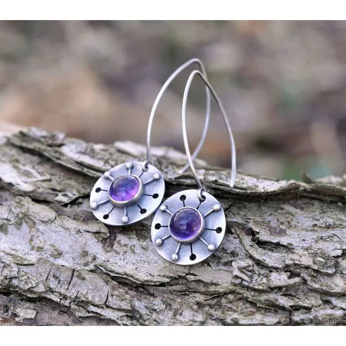 Vintage Silver Metal Purple Stone Circular Pendant Drop Earrings for Women