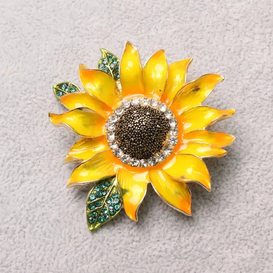 Hand Painted Sunflower Enamel Brooch with Faux Crystal Leaves Gift