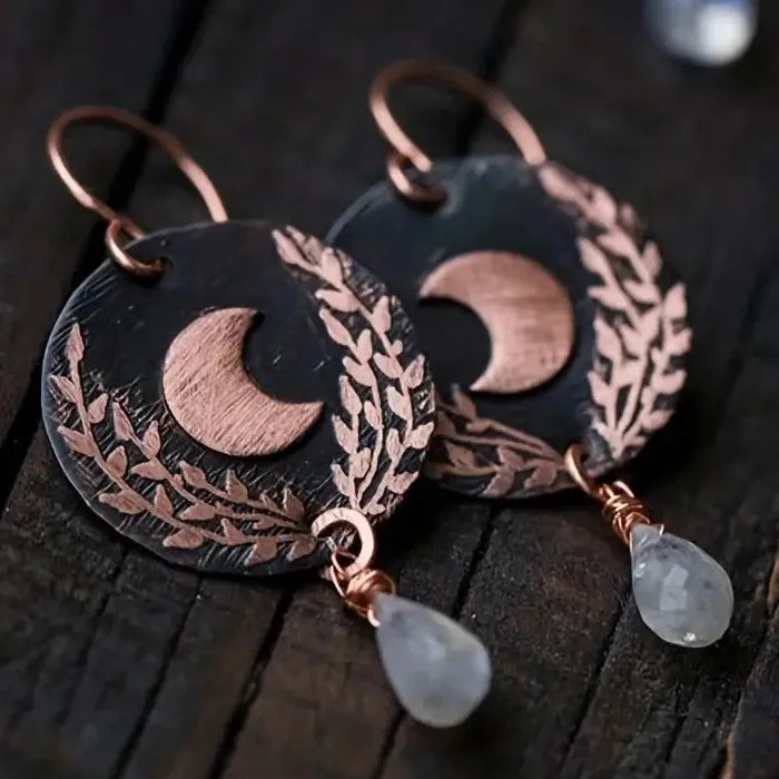 Vintage Red Copper Moon Pattern Drop Earrings for Women with Crystal Pendant Jewelry