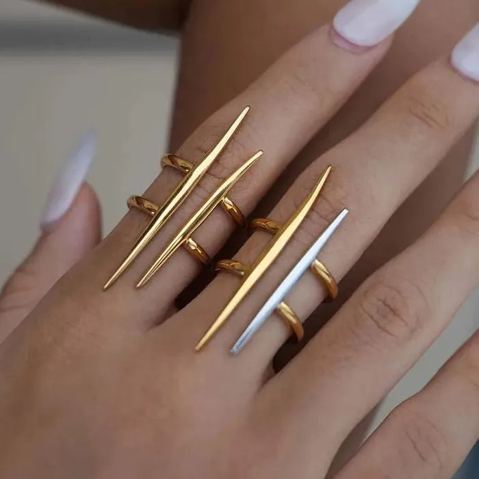 Vintage Gold Stainless Steel Double Line Geometric Open Ring for Women Jewelry