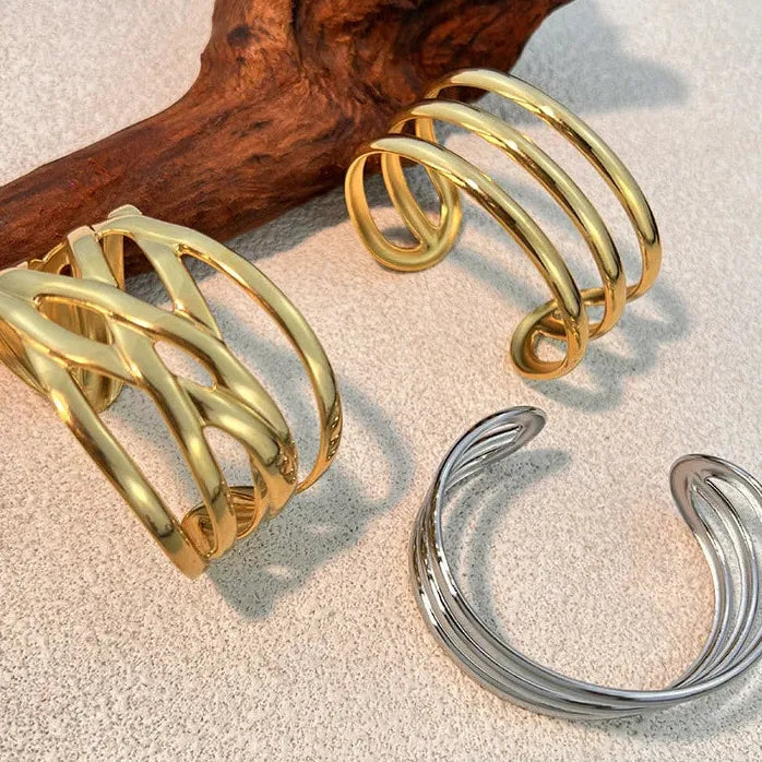 Vintage Hollow Out Stainless Steel C-Shape Wide Open Punk Bangle Bracelet Female